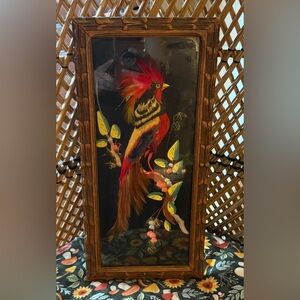 Vintage Mexican Feather Craft Folk Art Bird Picture Carved Wooden Picture Frame